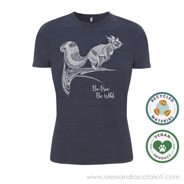 t-shirt ecosostenibile color melange navy con stampa scoiattolo